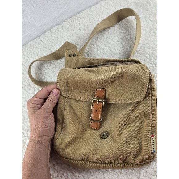 Vtg Fossil Khaki Corduroy Leather Trim Messenger Bag 8"x8" Safari Sac Crossbody - Picture 9 of 10
